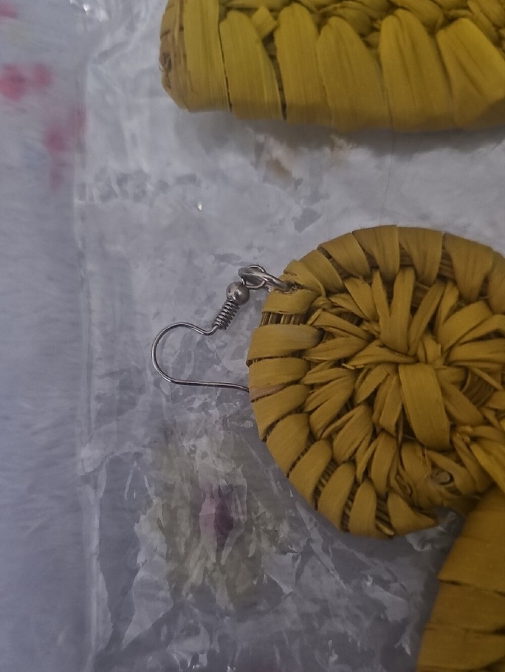 Handwoven Yellow Raffia Fan Drop Earrings - Picture 2 of 4